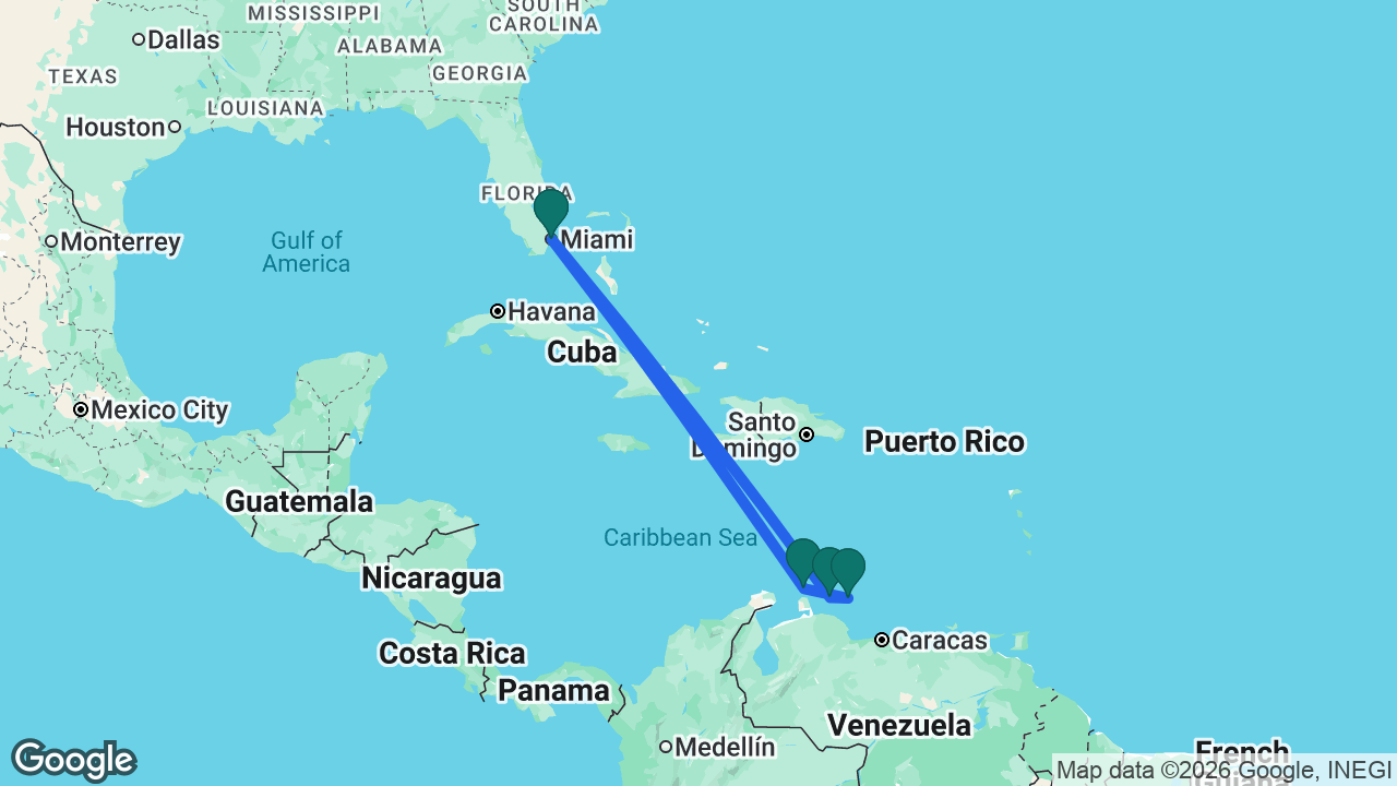 Route map: Miami -> Curaçao -> Bonaire -> Aruba -> Miami