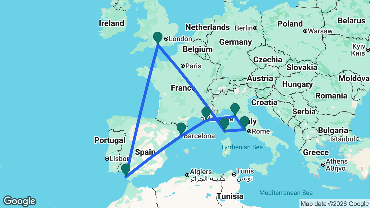 Route map: Southampton -> Cádiz -> Barcelona -> Toulon -> Florence -> Rome -> Ajaccio -> Southampton