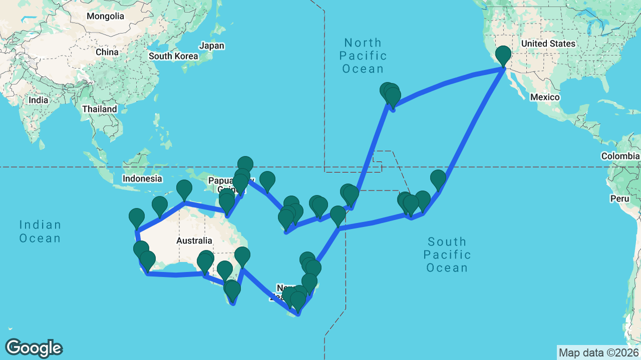 Route map: San Diego -> Maui -> Kona -> Honolulu -> Pago Pago -> Apia -> Fiji -> Lautoka -> Lifou -> Nouméa -> Mystery Island -> Port Vila -> Honiara -> Rabaul -> Alotau -> Kiriwina Island -> Cairns -> Ribbon Reef -> Darwin -> Broome -> Exmouth -> Perth -> Albany -> Adelaide -> Kangaroo Island -> Melbourne -> Hobart -> Port Arthur -> Sydney -> Milford Sound -> Dunedin -> Timaru -> Wellington -> Tauranga -> Auckland -> Bay of Islands -> Nuku'alofa -> Bora Bora -> Raiatea -> Moorea -> Tahiti -> Fakarava -> Nuku Hiva -> San Diego