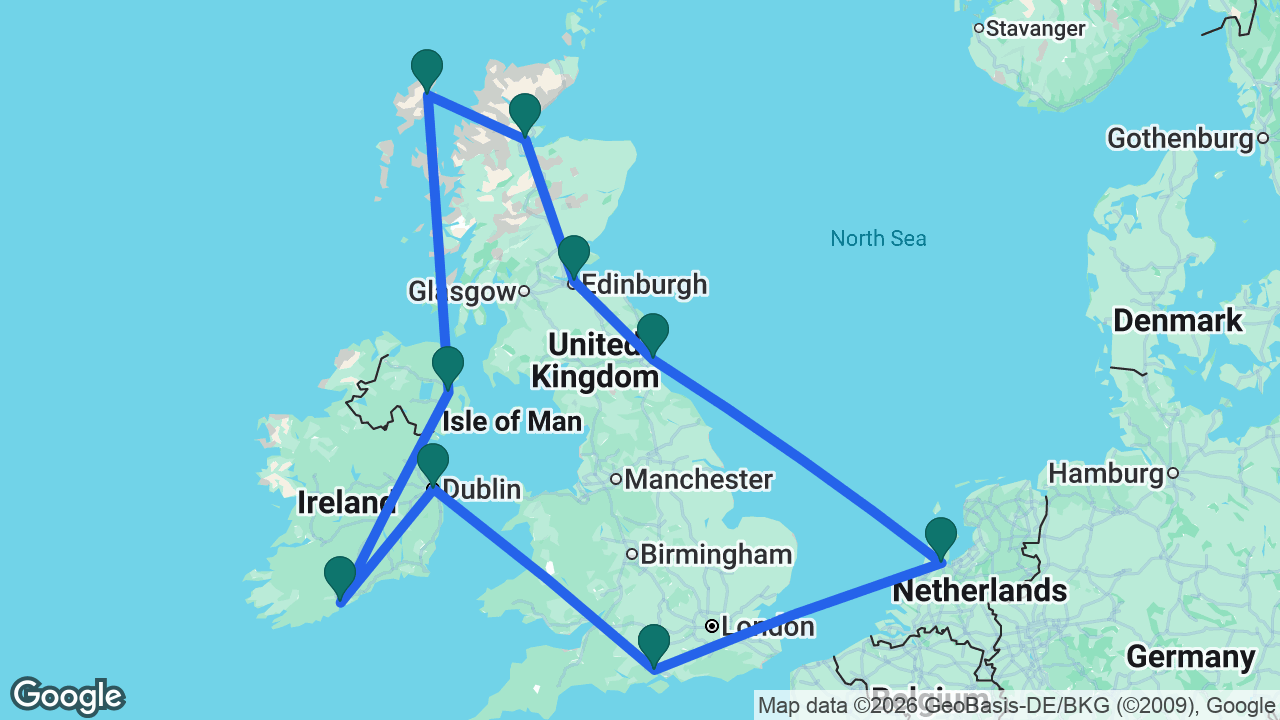Route map: Southampton -> Amsterdam -> Newcastle -> Edinburgh -> Invergordon -> Stornoway -> Belfast -> Cork -> Dublin -> Southampton