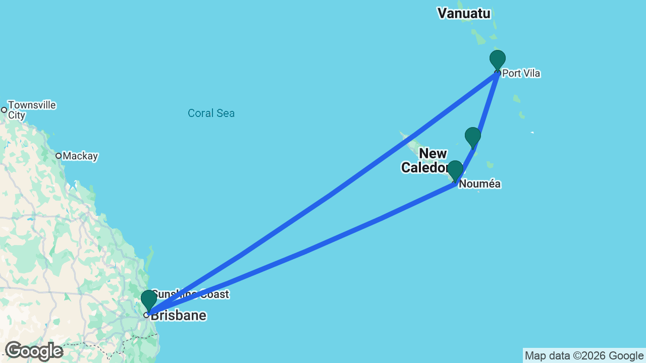 Route map: Brisbane -> Nouméa -> Lifou -> Port Vila -> Brisbane