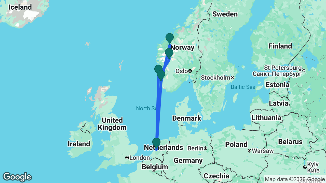 Route map: Amsterdam -> Stavanger -> Geiranger -> Flåm -> Haugesund -> Amsterdam