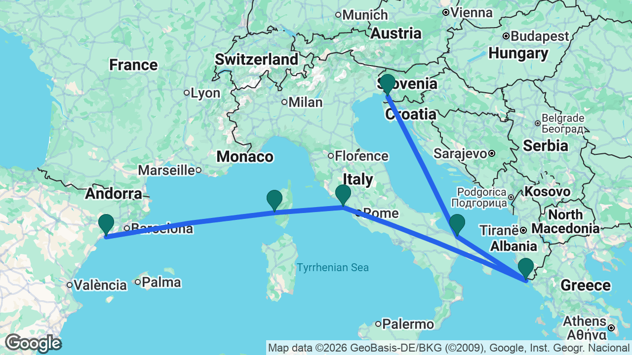 Route map: Tarragona -> Ajaccio -> Rome -> Corfu -> Bari -> Trieste