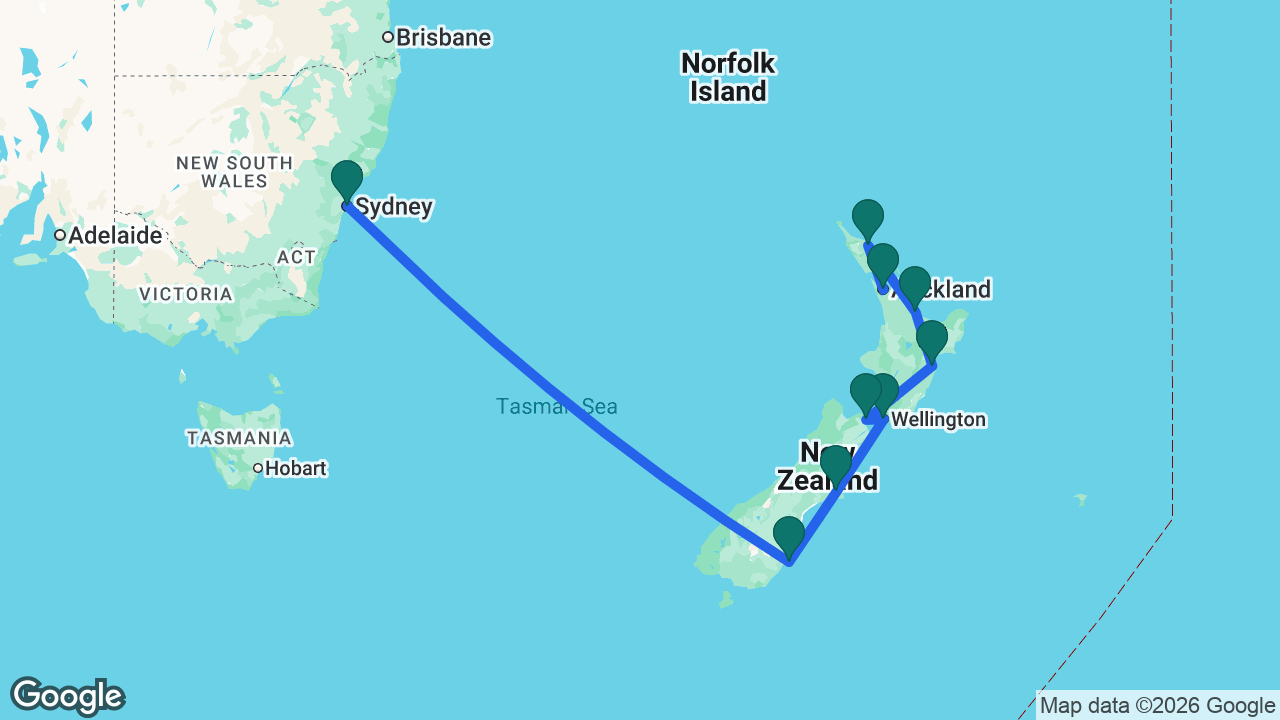 Route map: Auckland -> Bay of Islands -> Tauranga -> Napier -> Picton -> Wellington -> Christchurch -> Dunedin -> Sydney