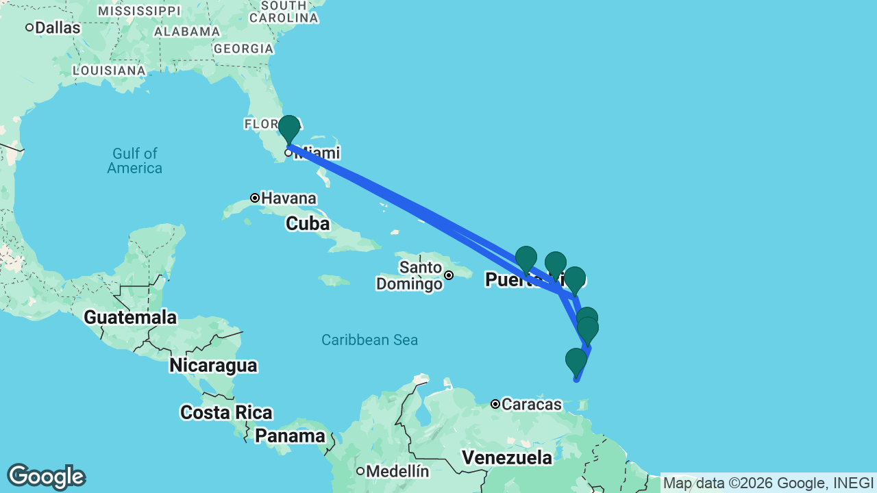 Route map: Fort Lauderdale -> St. Maarten -> St. Lucia -> Grenada -> Martinique -> Antigua -> St. Thomas -> Fort Lauderdale