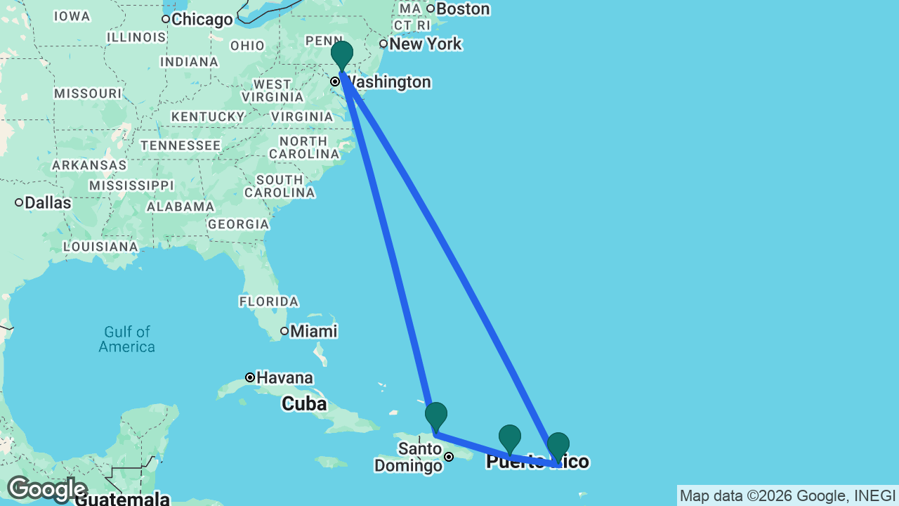 Route map: Baltimore -> Amber Cove -> San Juan -> St. Maarten -> Baltimore