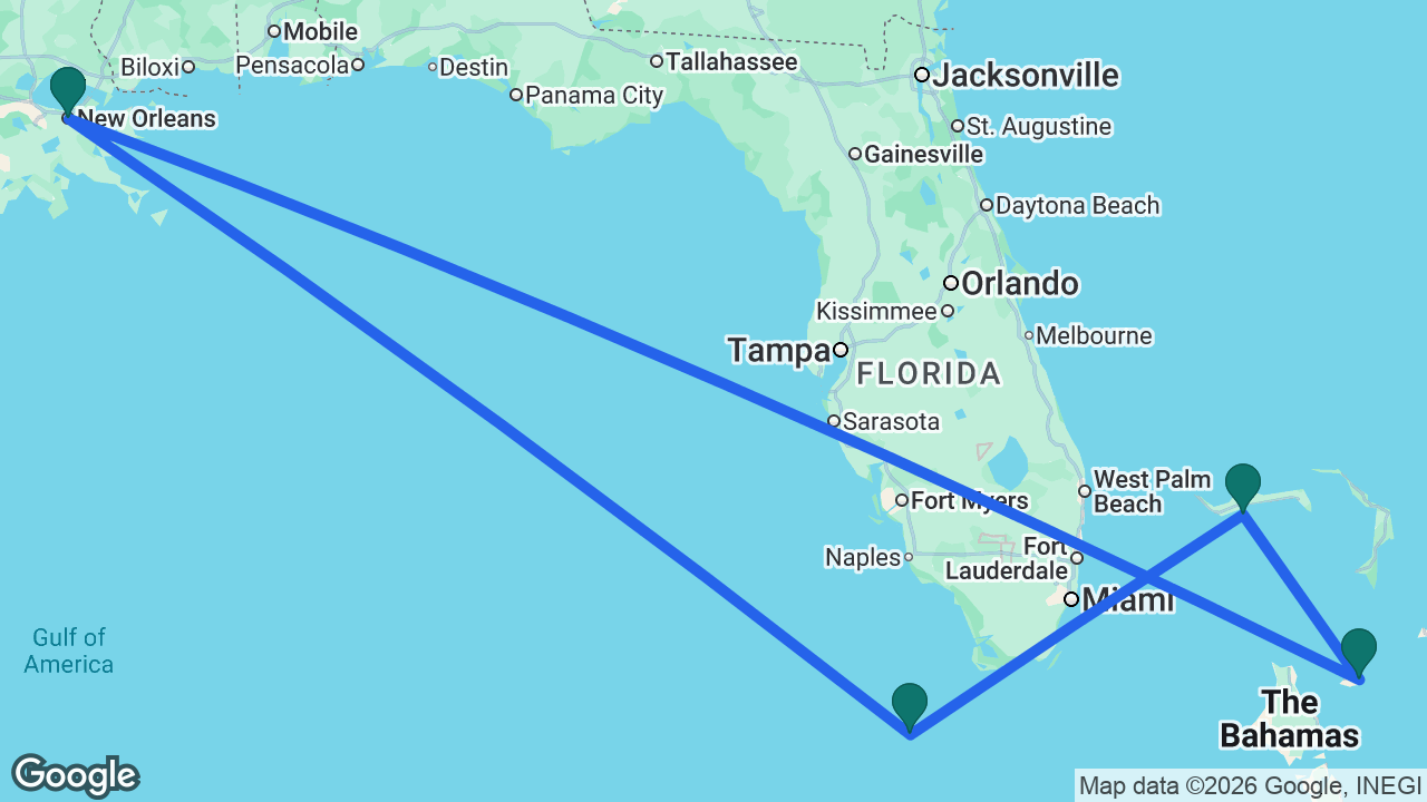 Route map: New Orleans -> Key West -> Celebration Key -> Nassau -> New Orleans