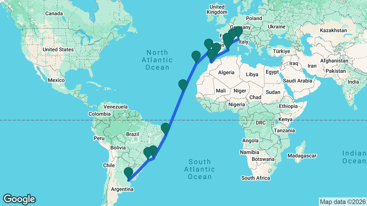 Route map: Buenos Aires -> Santos -> Rio -> Maceió -> Mindelo -> Madeira -> Lisbon -> Casablanca -> Málaga -> Mallorca -> Barcelona -> Marseille -> Genoa