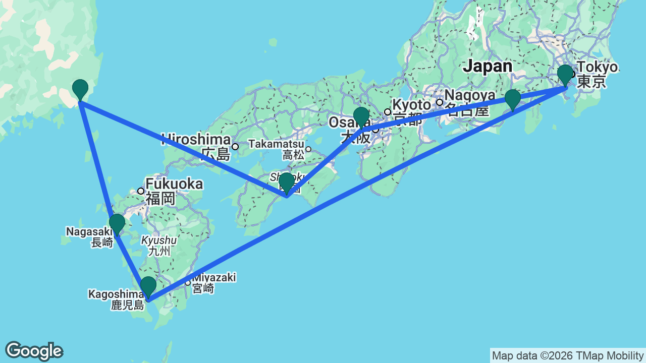 Route map: Tokyo -> Kobe -> Kochi -> Busan -> Nagasaki -> Kagoshima -> Mount Fuji -> Tokyo
