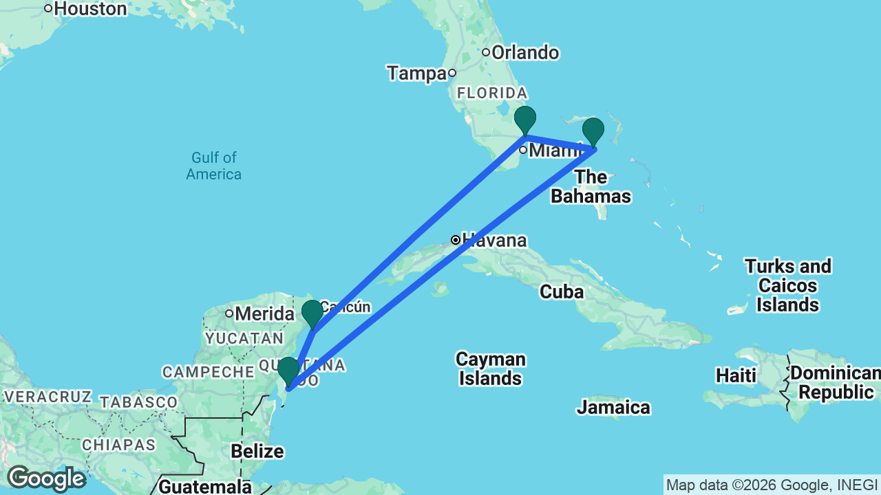 Route map: Fort Lauderdale -> Cozumel -> Costa Maya -> CocoCay -> Fort Lauderdale