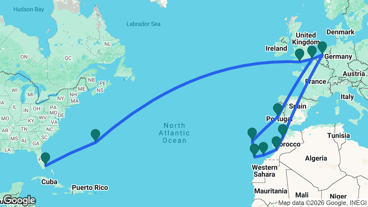 Route map: Fort Lauderdale -> Bermuda -> Portland -> Dover -> Rotterdam -> Casablanca -> Agadir -> Lanzarote -> Tenerife -> Madeira -> Lisbon -> Dover