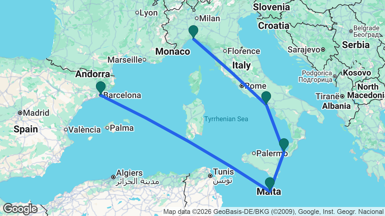 Route map: Genoa -> Naples -> Messina -> Valletta -> Barcelona