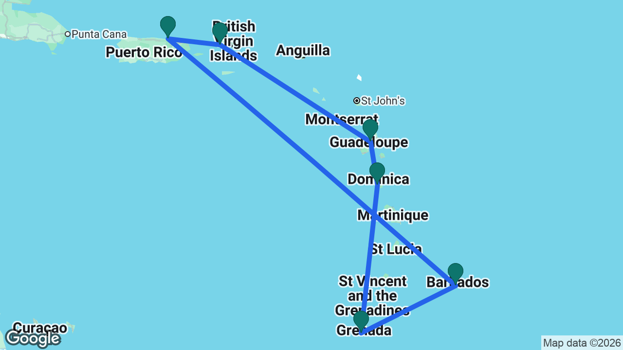 Route map: San Juan -> St. Thomas -> Guadeloupe -> Dominica -> Grenada -> Barbados -> San Juan