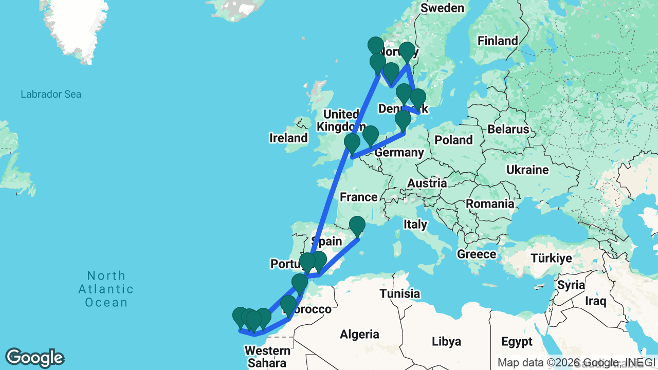 Route map: Dover -> Rotterdam -> Hamburg -> Aarhus -> Copenhagen -> Oslo -> Kristiansand -> Bergen -> Stavanger -> Casablanca -> Agadir -> Fuerteventura -> Gran Canaria -> La Palma -> Tenerife -> Cádiz -> Málaga -> Barcelona