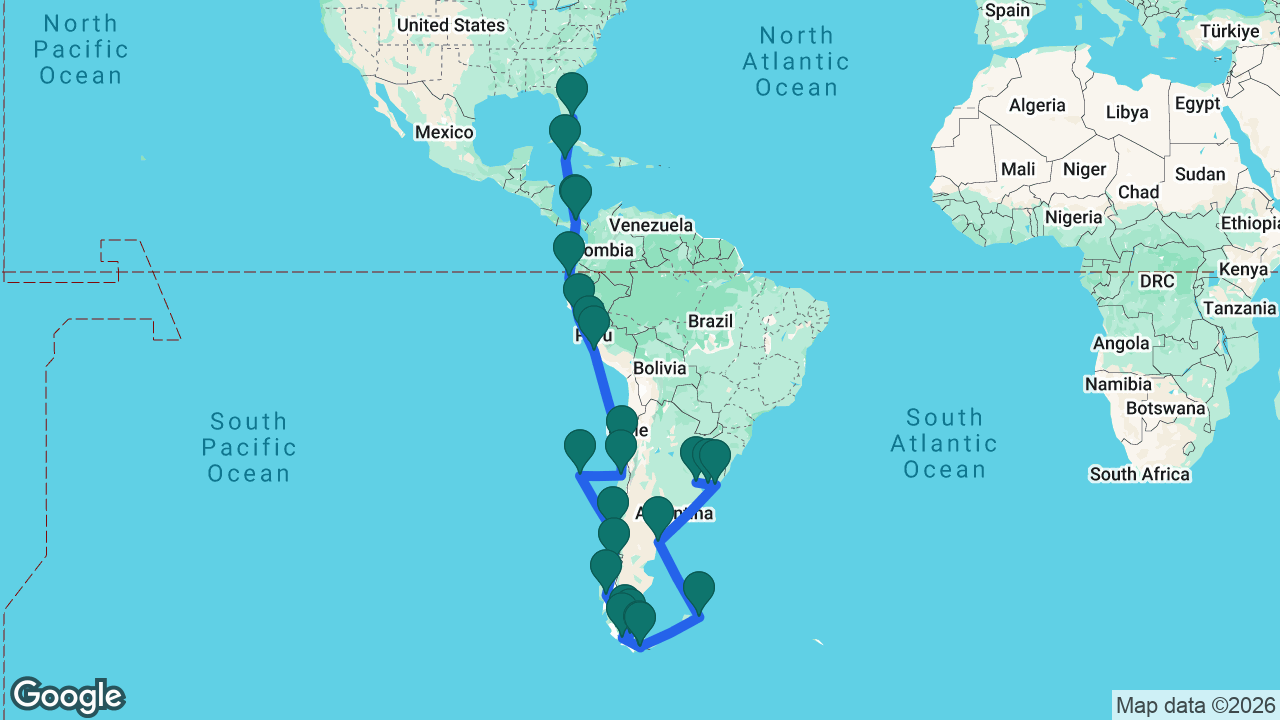 Route map: Fort Lauderdale -> Grand Cayman -> Panama Canal -> Panama City -> Manta -> Salaverry -> Lima -> General San Martín -> Coquimbo -> San Antonio -> Robinson Crusoe -> Puerto Montt -> Puerto Chacabuco -> Pío XI Glacier -> Strait of Magellan -> Punta Arenas -> Cockburn Channel -> Beagle Channel -> Ushuaia -> Port Stanley -> Puerto Madryn -> Punta del Este -> Montevideo -> Buenos Aires