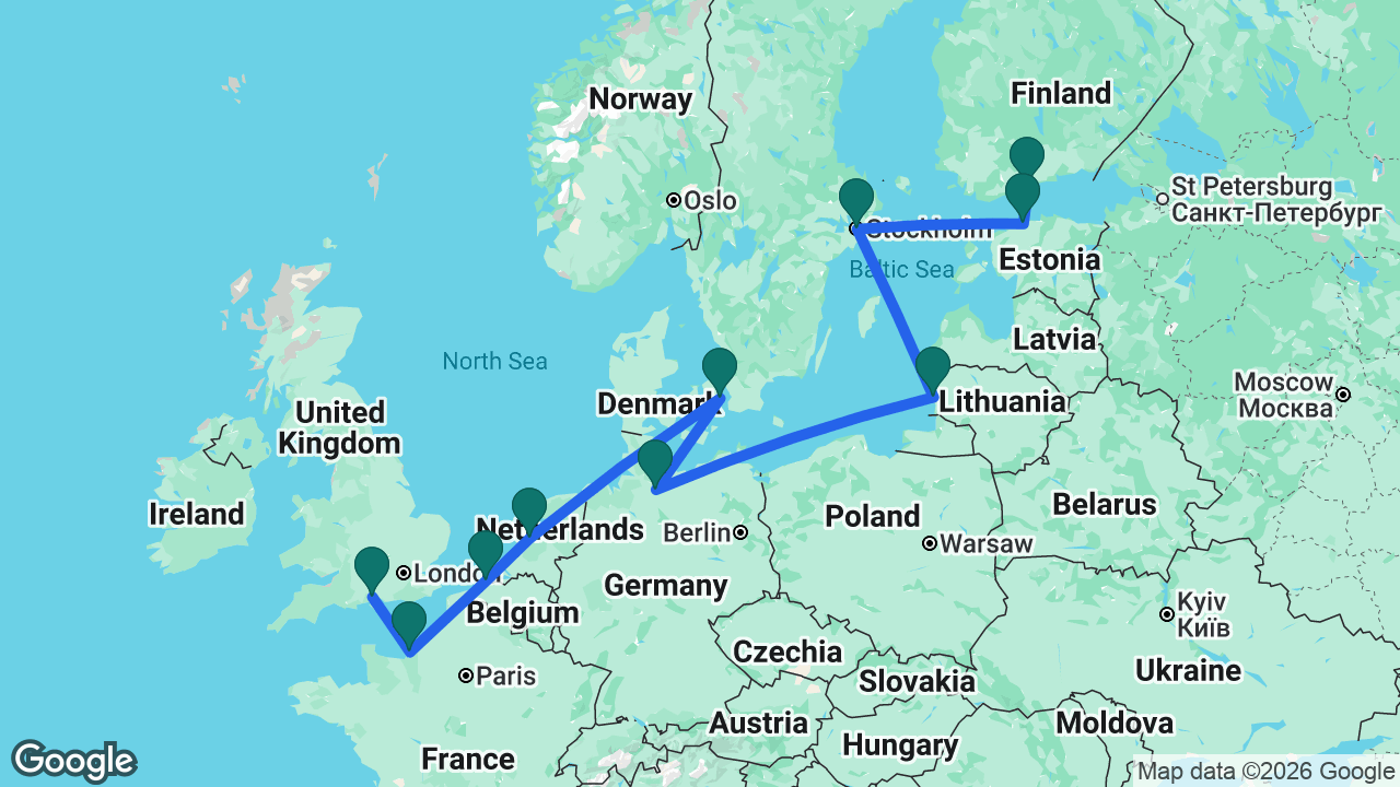 Route map: Helsinki -> Tallinn -> Stockholm -> Klaipeda -> Hamburg -> Copenhagen -> Amsterdam -> Bruges -> Paris -> Southampton