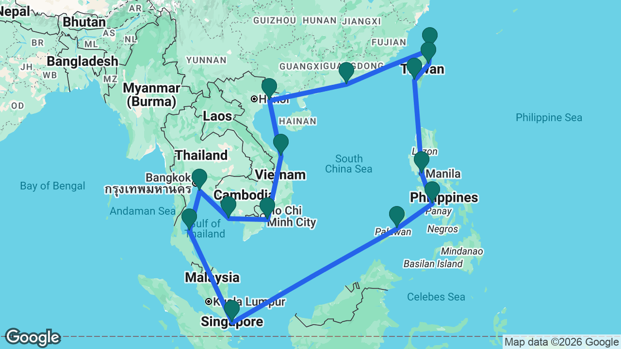 Route map: Singapore -> Puerto Princesa -> Boracay -> Manila -> Kaohsiung -> Hualien -> Keelung -> Hong Kong -> Ha Long Bay -> Da Nang -> Ho Chi Minh City -> Sihanoukville -> Bangkok -> Koh Samui -> Singapore