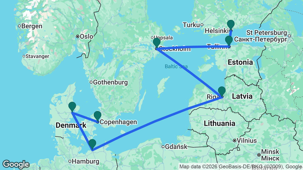 Route map: Helsinki -> Tallinn -> Stockholm -> Riga -> Berlin -> Aarhus -> Copenhagen