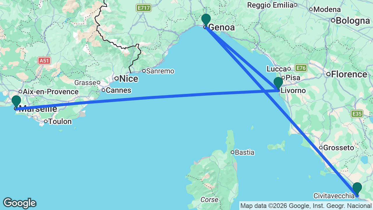 Route map: Rome -> Genoa -> Florence -> Marseille
