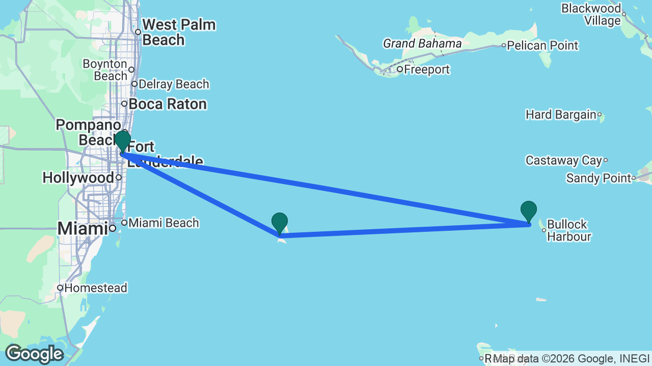 Route map: Fort Lauderdale -> CocoCay -> Bimini -> Fort Lauderdale
