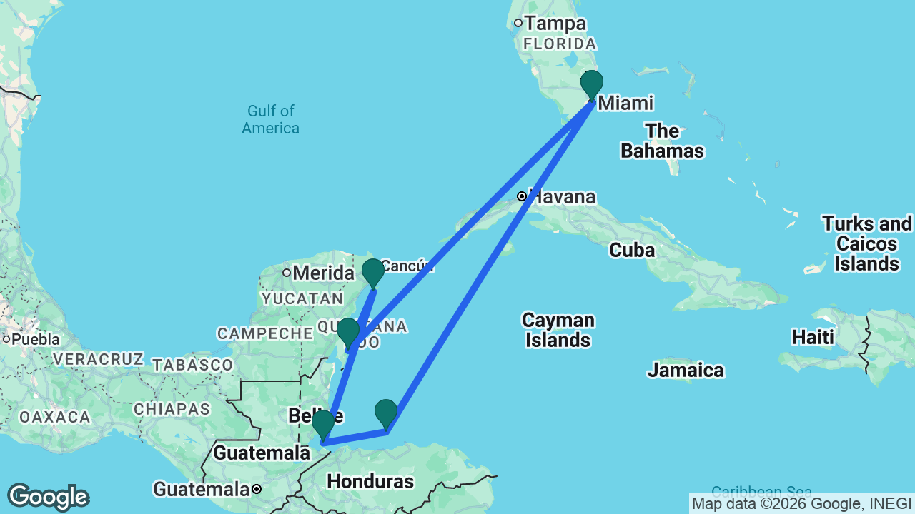 Route map: Miami -> Roatán -> Harvest Caye -> Cozumel -> Costa Maya -> Miami
