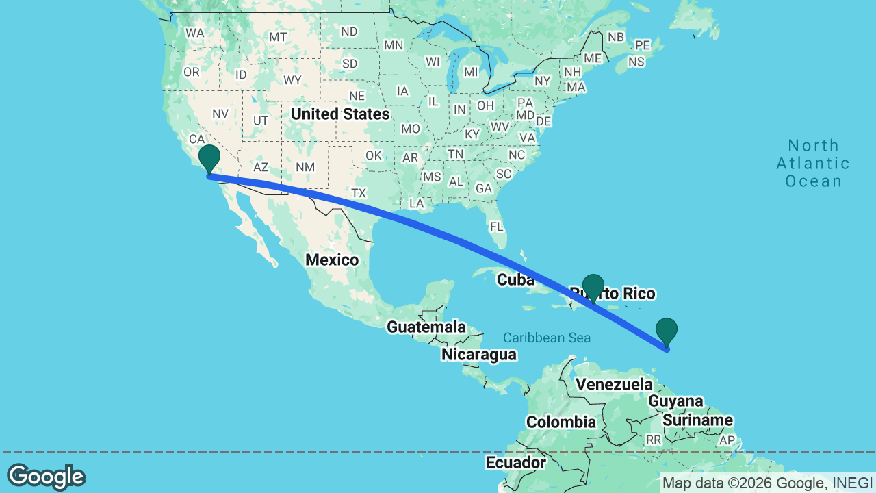 Route map: La Romana -> Catalina -> Barbados