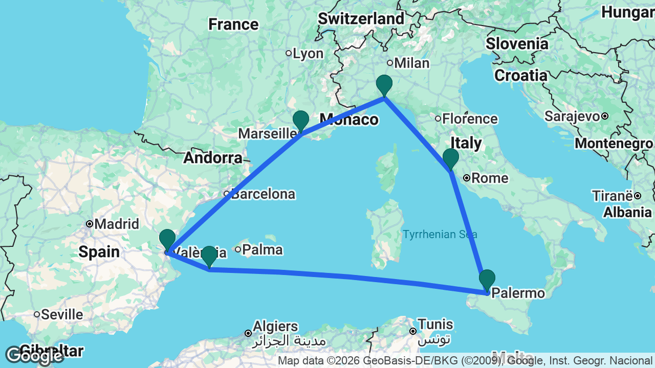 Route map: Marseille -> Genoa -> Rome -> Palermo -> Ibiza -> Valencia -> Marseille
