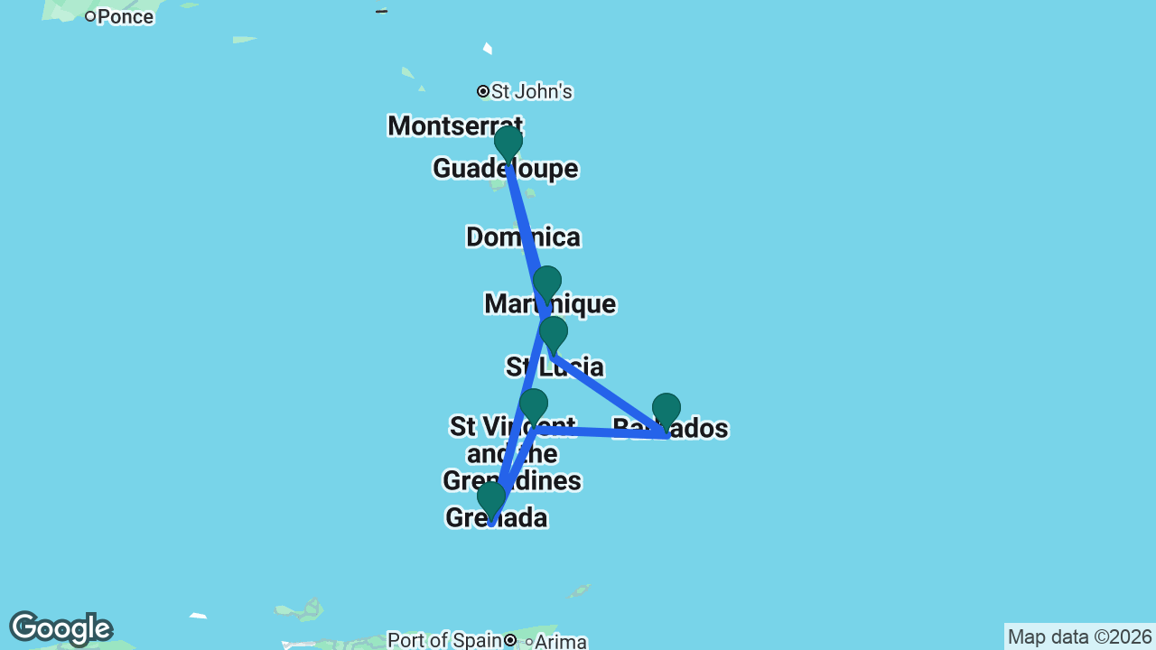 Route map: Martinique -> Guadeloupe -> St. Lucia -> Barbados -> St. Vincent -> Grenada -> Martinique