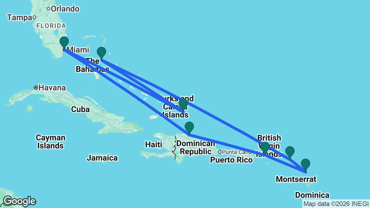 Route map: Miami -> Grand Turk -> Nassau -> St. Maarten -> Antigua -> St. Thomas -> Puerto Plata -> Miami