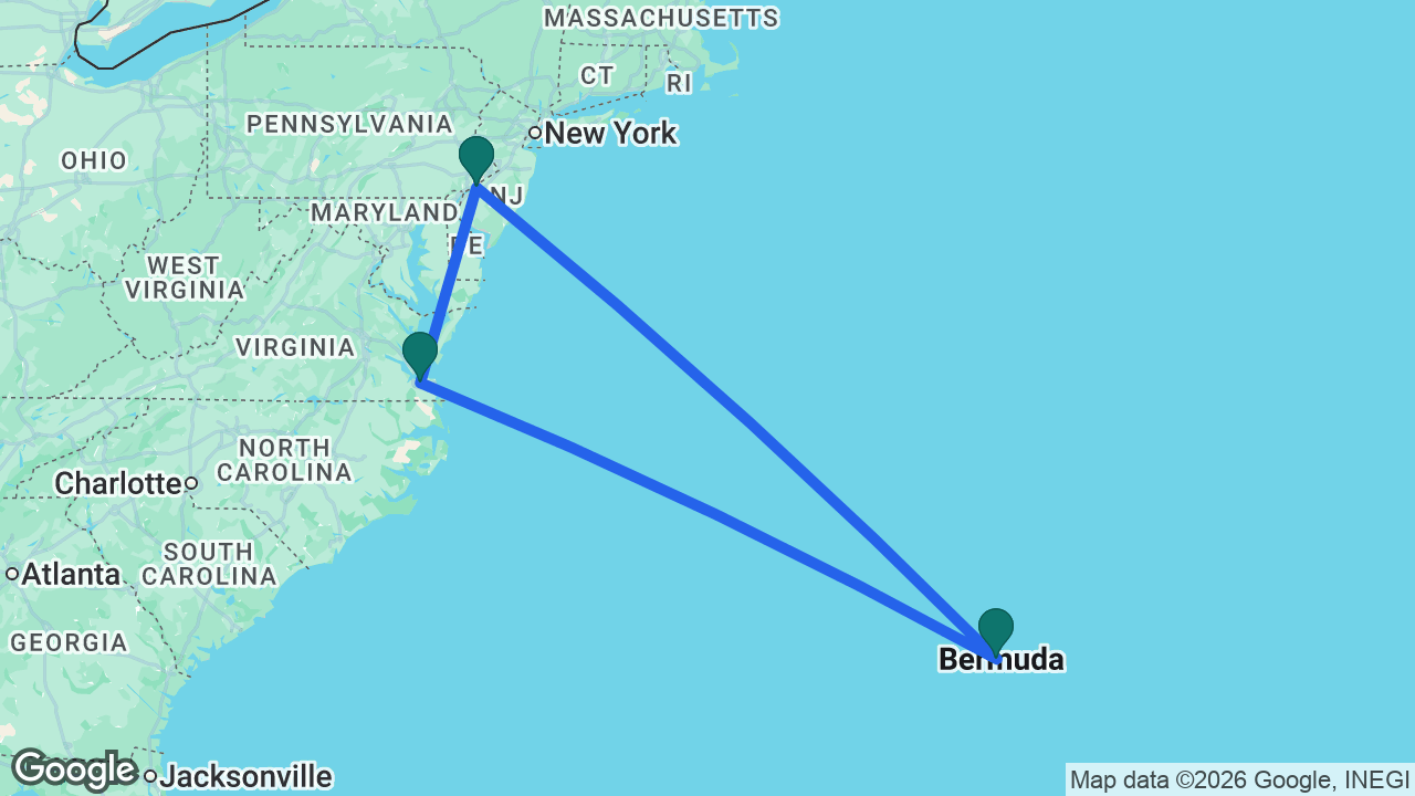 Route map: Philadelphia -> Bermuda -> Norfolk -> Philadelphia
