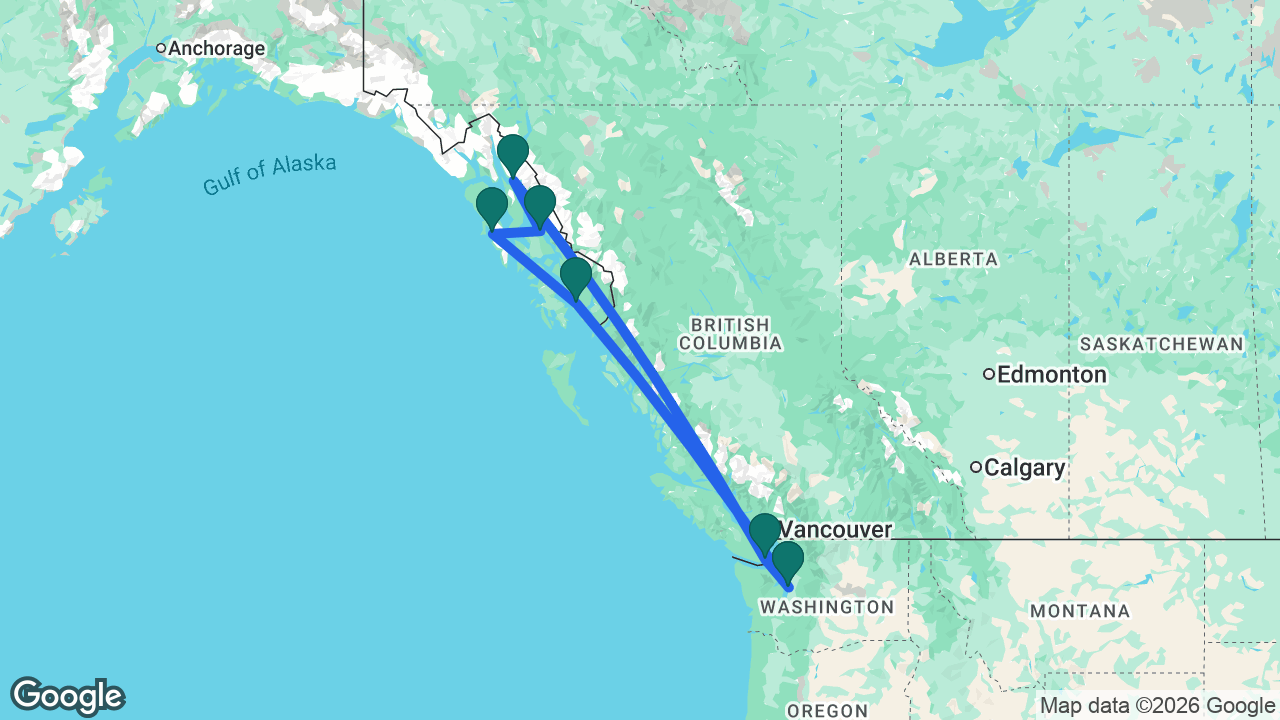Route map: Seattle -> Ketchikan -> Sitka -> Endicott Arm -> Juneau -> Victoria -> Seattle