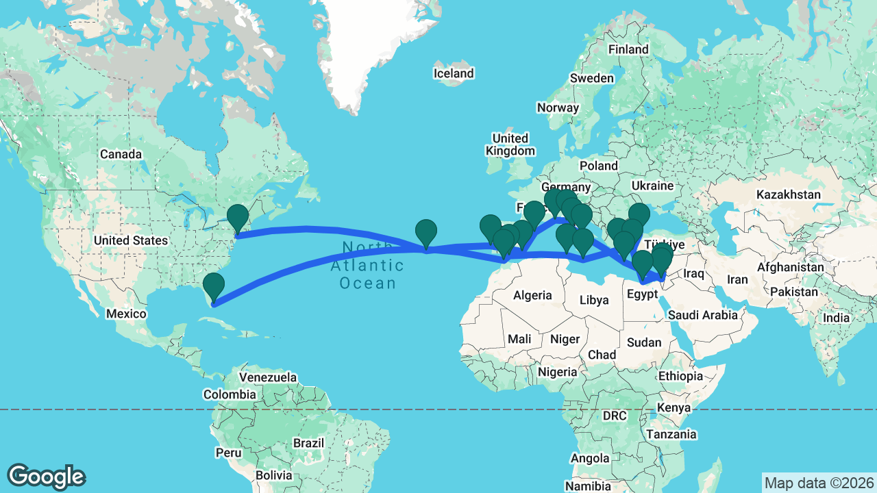Route map: New York -> Azores -> Lisbon -> Cartagena -> Barcelona -> Villefranche -> Florence -> Rome -> Naples -> Heraklion -> Ashdod -> Haifa -> Alexandria -> Ephesus -> Istanbul -> Athens -> Valletta -> La Goulette -> Málaga -> Tangier -> Fort Lauderdale