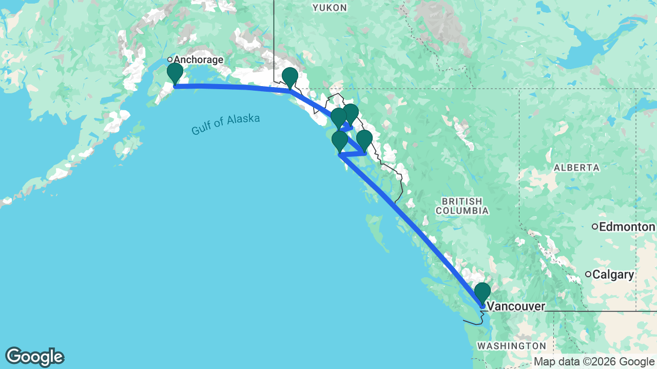 Route map: Vancouver -> Sitka -> Endicott Arm -> Icy Strait Point -> Juneau -> Hubbard Glacier -> Seward