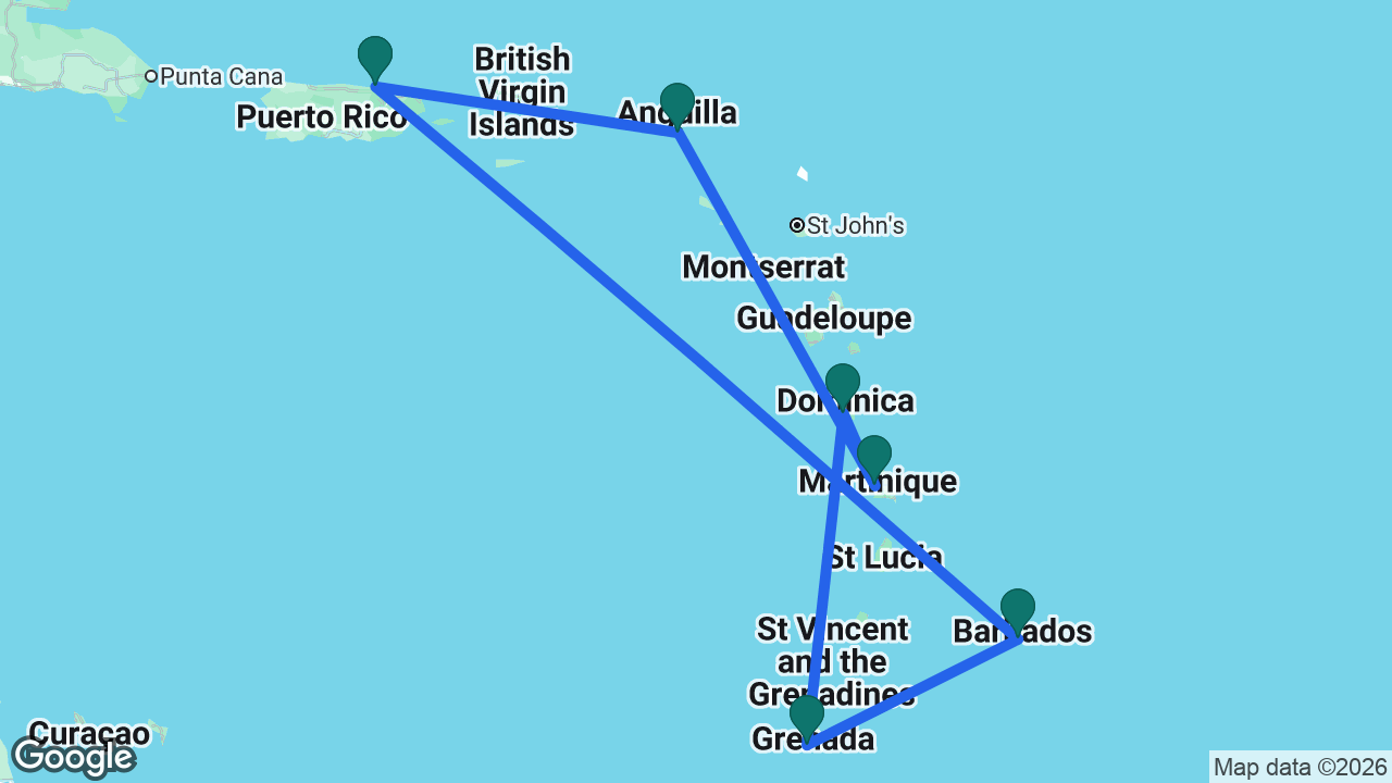 Route map: Barbados -> San Juan -> St. Maarten -> Martinique -> Dominica -> Grenada -> Barbados