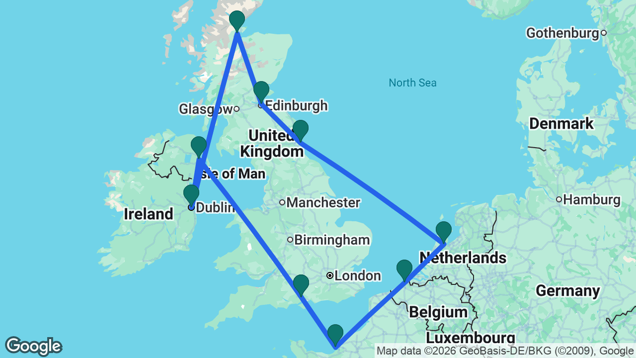 Route map: Southampton -> Belfast -> Dublin -> Invergordon -> Edinburgh -> Newcastle -> Amsterdam -> Bruges -> Paris -> Southampton