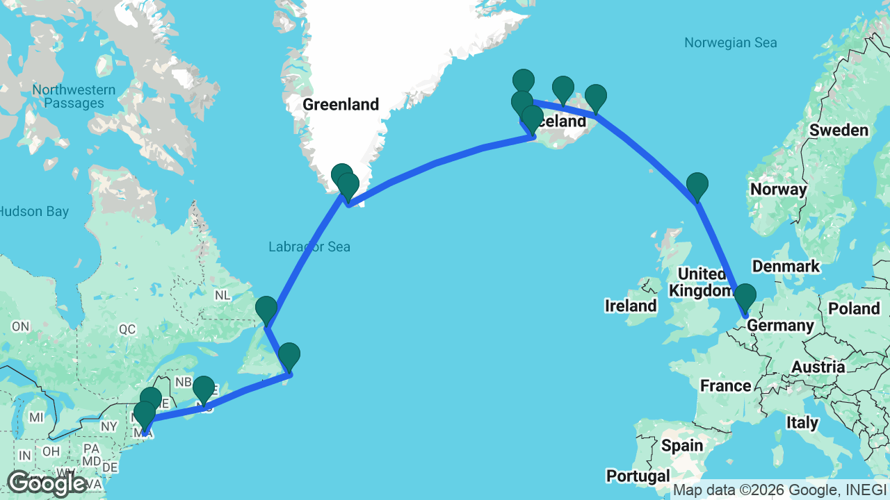 Route map: Amsterdam -> Lerwick -> Seydisfjordur -> Akureyri -> Isafjordur -> Grundarfjordur -> Reykjavik -> Nanortalik -> Qaqortoq -> St. Anthony -> St. John's -> Halifax -> Portland -> Boston