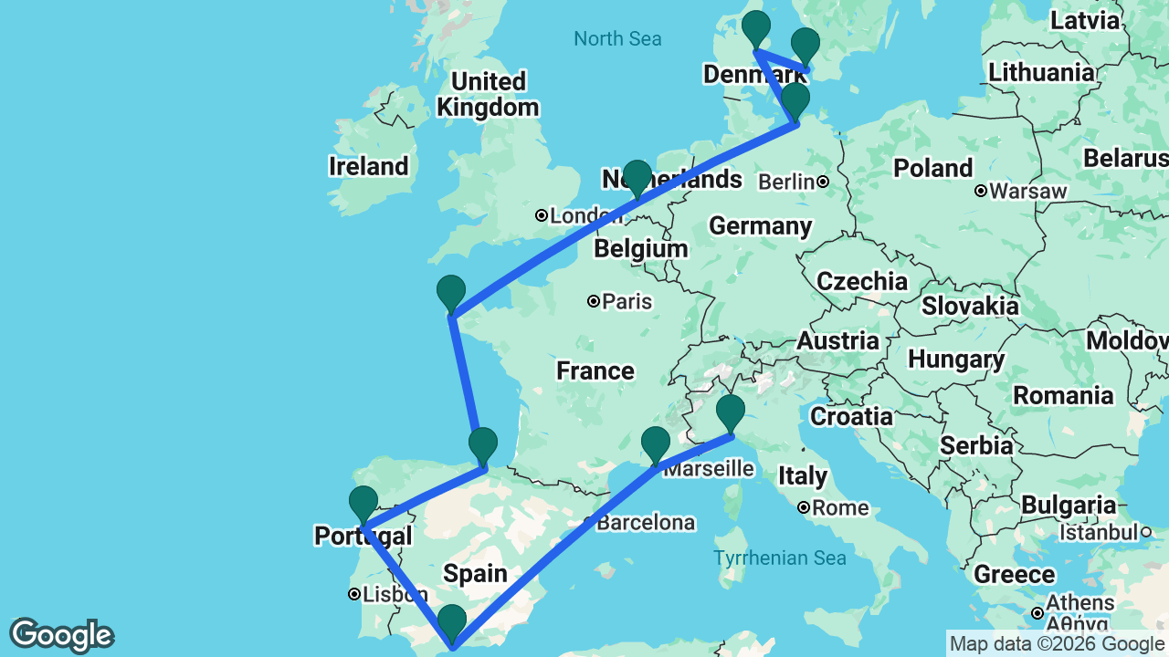 Route map: Copenhagen -> Aarhus -> Berlin -> Rotterdam -> Brest -> Bilbao -> Porto -> Málaga -> Marseille -> Genoa
