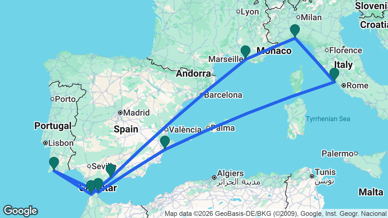 Route map: Genoa -> Marseille -> Málaga -> Tangier -> Portimão -> Ceuta -> Alicante -> Rome -> Genoa
