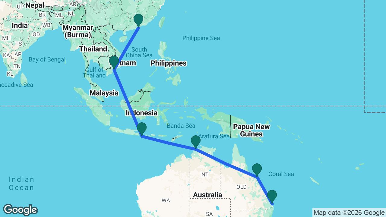 Route map: Hong Kong -> Ho Chi Minh City -> Bali -> Darwin -> Airlie Beach -> Brisbane