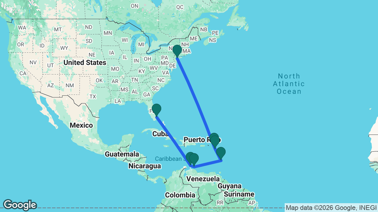 Route map: New York -> St. Maarten -> St. Kitts -> St. Lucia -> Curaçao -> Aruba -> Fort Lauderdale