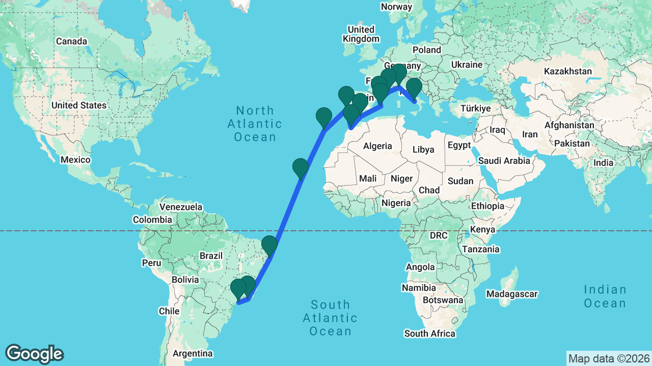 Route map: Santos -> Rio -> Maceió -> Mindelo -> Madeira -> Lisbon -> Casablanca -> Málaga -> Mallorca -> Barcelona -> Marseille -> Genoa -> Naples