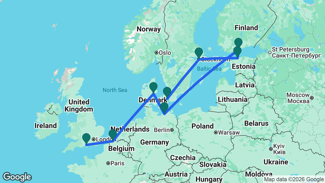 Route map: Copenhagen -> Stockholm -> Tallinn -> Helsinki -> Berlin -> Aarhus -> Bruges -> Southampton