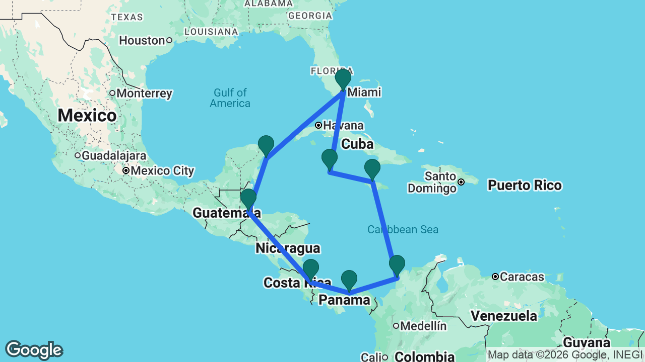 Route map: Miami -> Grand Cayman -> Falmouth -> Cartagena -> Panama Canal -> Limón -> Harvest Caye -> Cozumel -> Miami