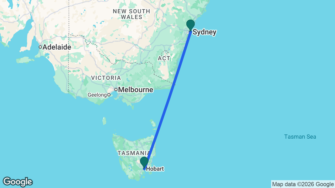 Route map: Sydney -> Hobart -> Sydney