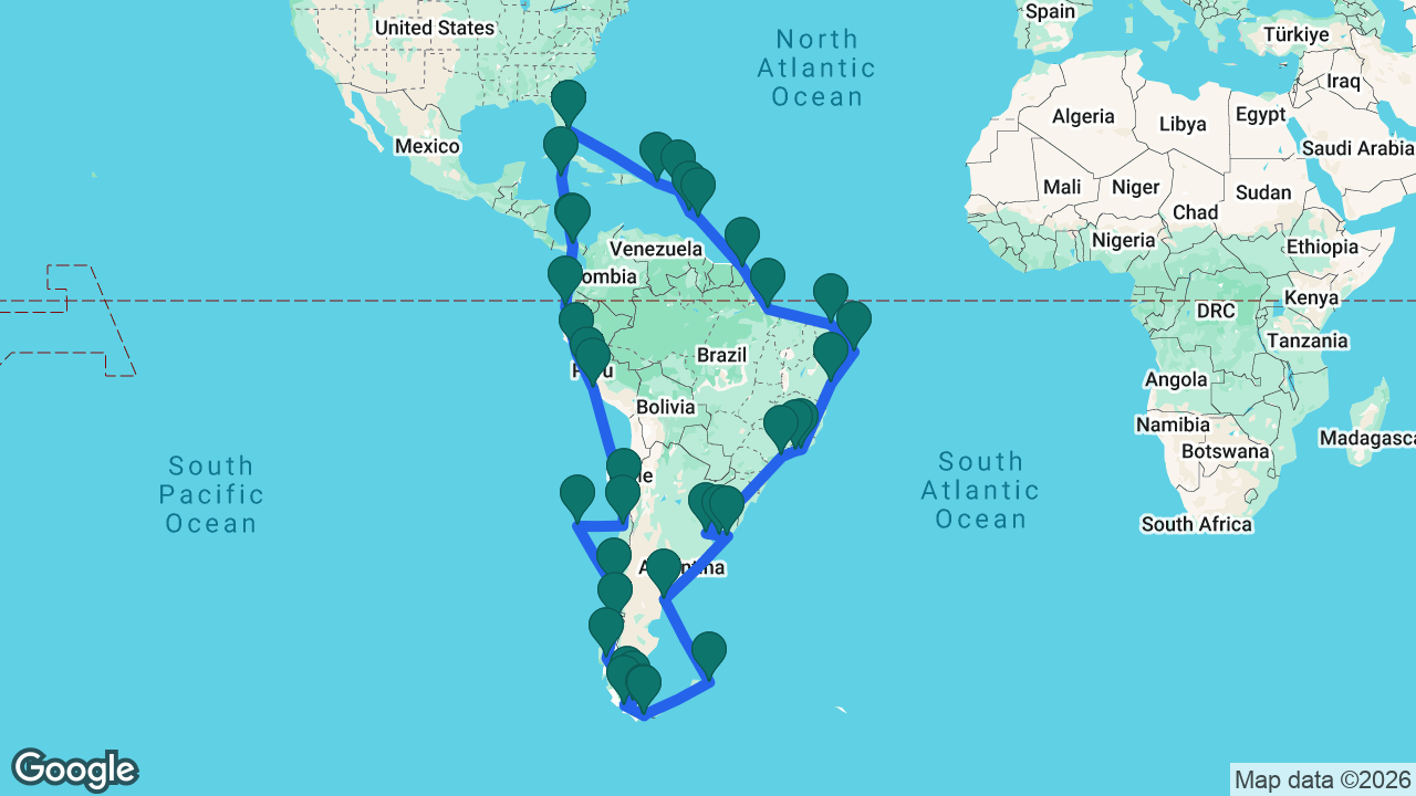 Route map: Fort Lauderdale -> Grand Cayman -> Panama Canal -> Panama City -> Manta -> Salaverry -> Lima -> General San Martín -> Coquimbo -> San Antonio -> Robinson Crusoe -> Puerto Montt -> Puerto Chacabuco -> Pío XI Glacier -> Strait of Magellan -> Punta Arenas -> Cockburn Channel -> Beagle Channel -> Ushuaia -> Port Stanley -> Puerto Madryn -> Punta del Este -> Montevideo -> Buenos Aires -> Santos -> Abraão -> Rio -> Salvador -> Recife -> Fortaleza -> Icoaraci -> Devil's Island -> Barbados -> St. Lucia -> St. Kitts -> San Juan -> Fort Lauderdale