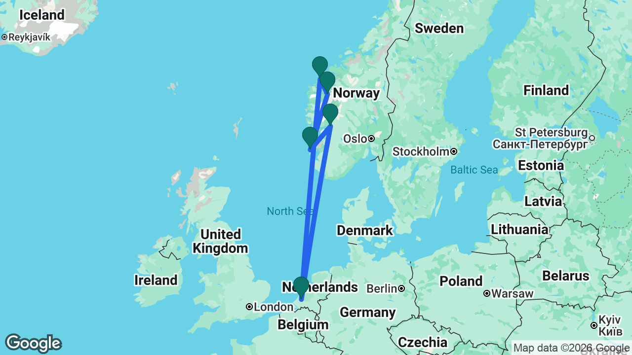 Route map: Rotterdam -> Ålesund -> Olden -> Haugesund -> Eidfjord -> Rotterdam