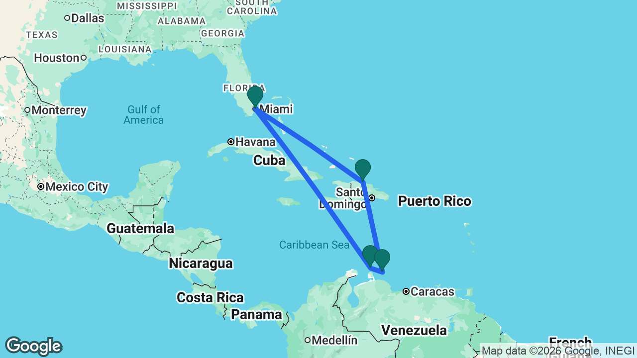 Route map: Miami -> Aruba -> Curaçao -> Amber Cove -> Miami