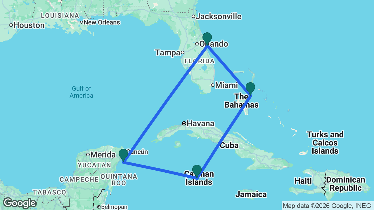Route map: Port Canaveral -> Nassau -> Grand Cayman -> Cozumel -> Port Canaveral