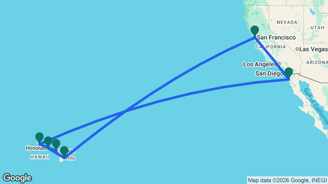 Route map: San Francisco -> Hilo -> Honolulu -> Maui -> Kauai -> Ensenada -> San Francisco