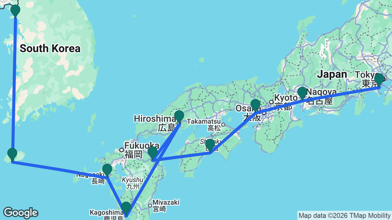 Route map: Seoul -> Jeju -> Nagasaki -> Kagoshima -> Hiroshima -> Beppu -> Kochi -> Kobe -> Nagoya -> Tokyo